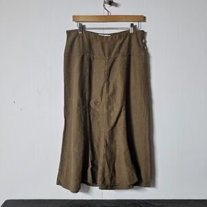 Cut Loose Midi BOHO Brown Linen Skirt Mother Of Pearl Side Button Elastic Back